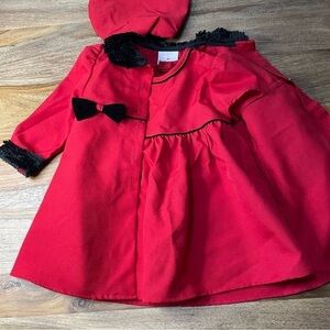 Expressions Three Piece Red‎ Dress Black Velvet Trim Jacket Matching Beret 2T